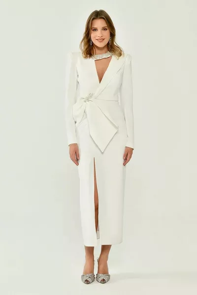 المرأة خط العنق حجر ميدي طول أبيض مساء اللباس والتخرج اللباس -WHITE