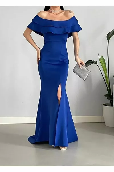 Ruffle яка внесени Scuba Fabric опашка риба модел вечерна рокля