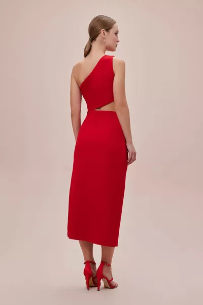 أحمر نافذة كتف واحدة مفصلة جيرسي ميدي اللباس