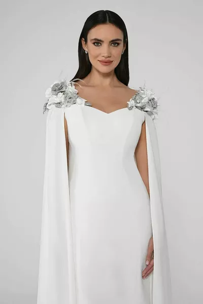 Cape Midi Dress with Floral Accessories on the Shoulders