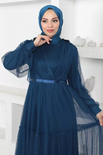 Lace Detailed Tulle Evening Dress Indigo 