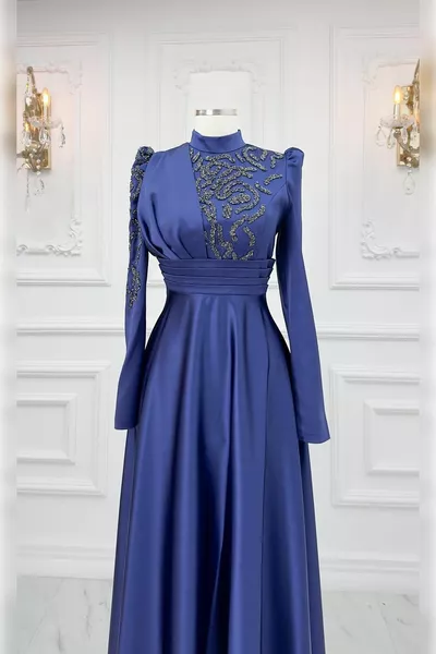 Satin Fabric Digital Bsn Stone Prints Dress Hijab Evening Dresses