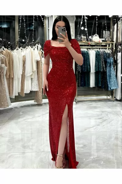 أندريا التعادل الخلفي مفصلة Degaje طوق طويل طول الترتر الجبهة شق مساء اللباس الأحمر