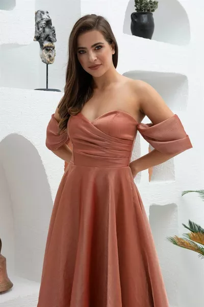 Copper Low Sleeve Organza Engagement Evening Dress