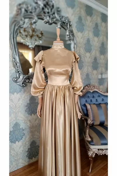 Cappucino Satin, shoulder flounced, ruffled hijab evening dress