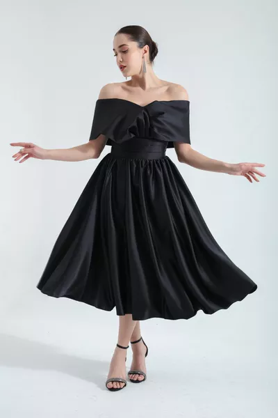 Women's Black Boat Neck Flared Midi Satin Evening Dress