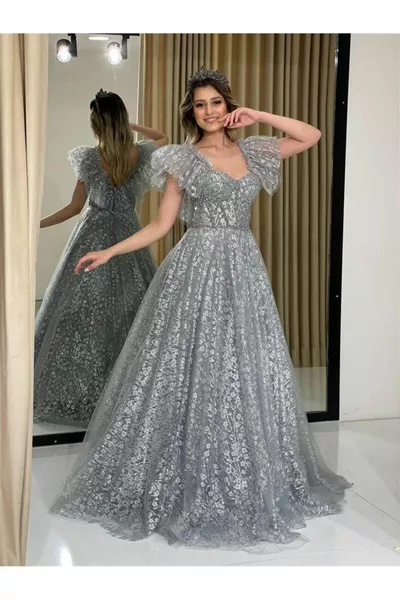 Grey Flywheel Sleeves Stone Embroidered Skirt Glitter New Season Engagement  