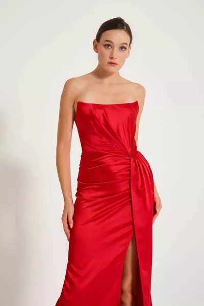 Red Strapless Draped Dress