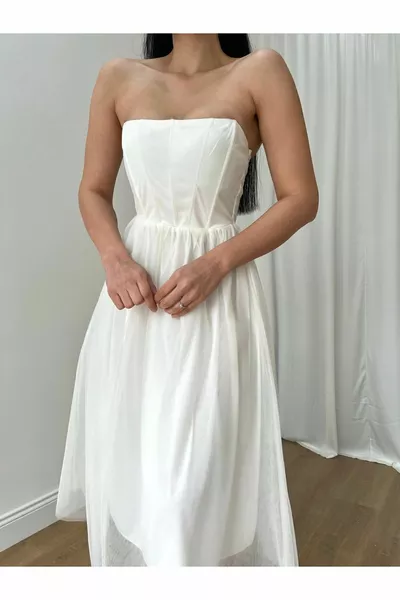 Abendkleid Damen trägerlos drapiert Slim Fit ausgestellter Tüllrock Midi Tüllkleid - Abendkleid und Abschlusskleid