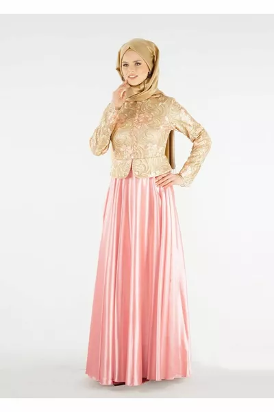 Abito da sera donna con colletto dominante in oro (ORO-SALMONE) ricamato 