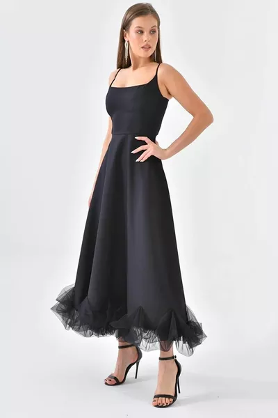 Жените памук атлас плат пола тюл подробни тънка каишка Midi дължина черна вечерна рокля 