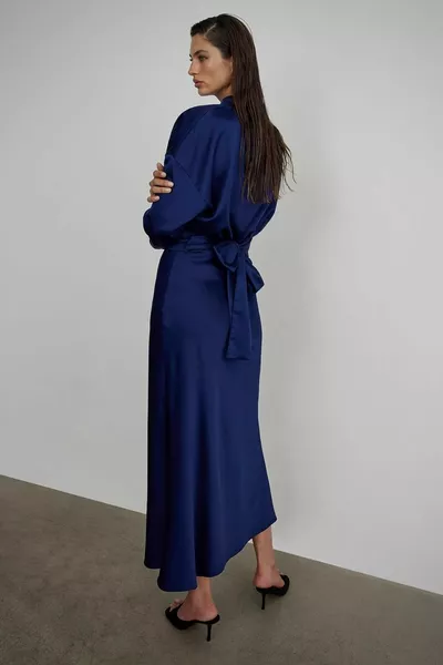 Navy Blue Moss Belted Satin Blouse