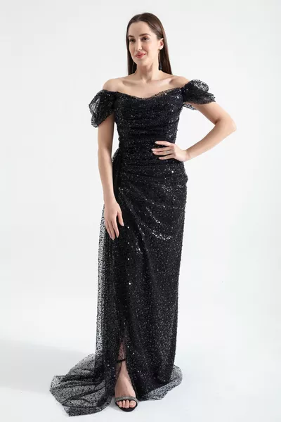 Women's Black Boat Neck Tail Long Evening Dress