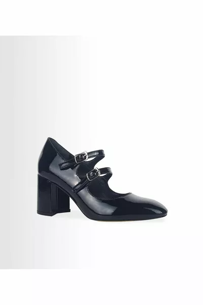 المرأة حزام مزدوج مشبك مفصلة براءات الاختراع الجلود الكعب ماري جين أحذية (أسود)