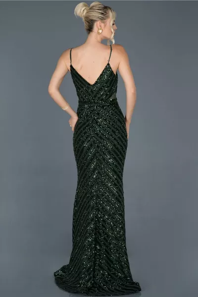 Robe de soirée sirène à bretelles longues en corde à paillettes vert émeraude 