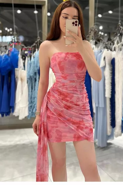 Abito da sera da donna Ciondolo Tessuto Tulle dettagliato Mini abito da sera senza spalline e abito da laurea