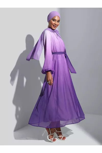 Robe de soirée hijab en mousseline de soie à motifs dégradés ceinturés - Lilas- Refka