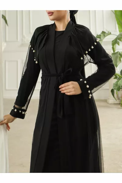 Pearl Detailed Tulle Cardigan Sendy Evening Dress