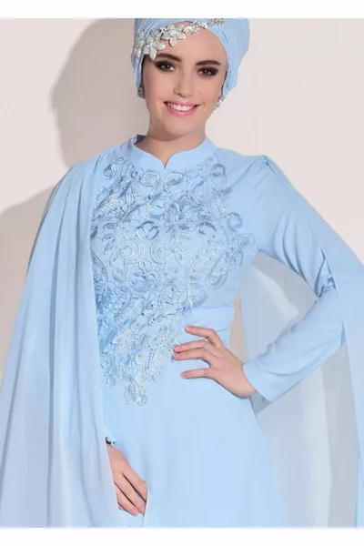 Women's Blue Guipure Detailed Evening Dress 