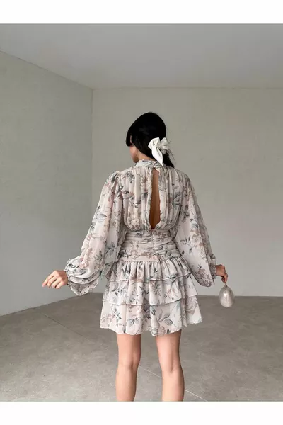 Marrone floreale piega gonna dettagliata in chiffon mini abito