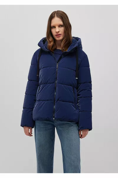 معطف منتفخ أزرق كحلي مقنع 