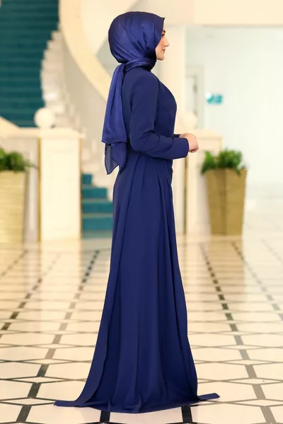 Вечерна рокля Ahsen с преден печат Детайлна опашка Нос - Индиго