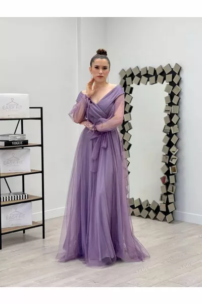 فستان تول بياقة قارب - أرجواني