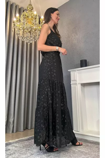 Jupe longue en mousseline de soie noire à paillettes