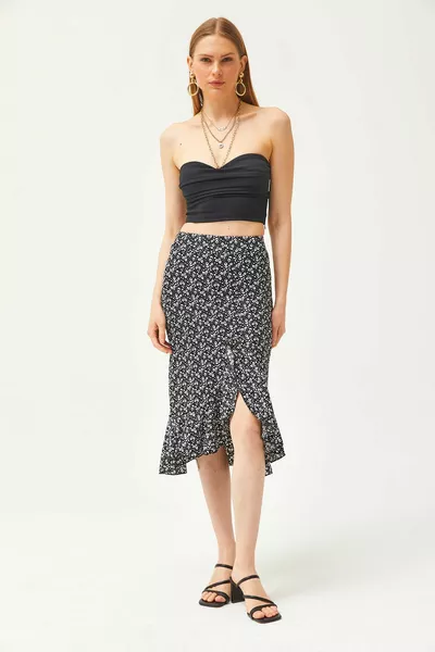 Women's Black Ruffled Slit Knitted Skirt 