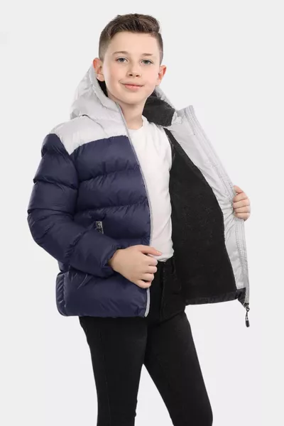 معطف شتوي سميك للأطفال الأولاد، باللون الكحلي، مُبطن بالفرو من الداخل، مقاوم للماء، مع قبعة