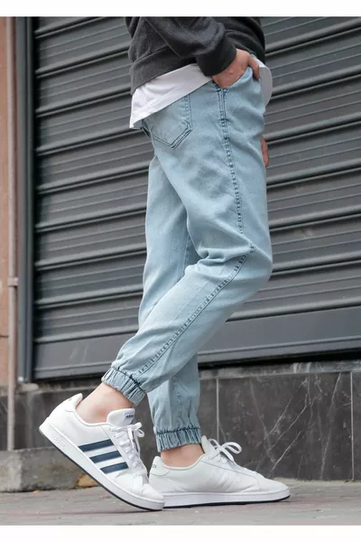 Men's Jogger Jeans – Ice Blue, Elastic Waist & Ankles, Washed Denim