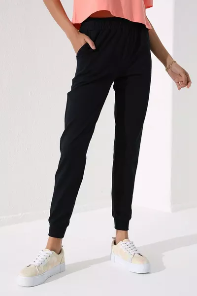 Pantalon de jogging femme taille haute bleu marine, forme confortable avec poignets - 