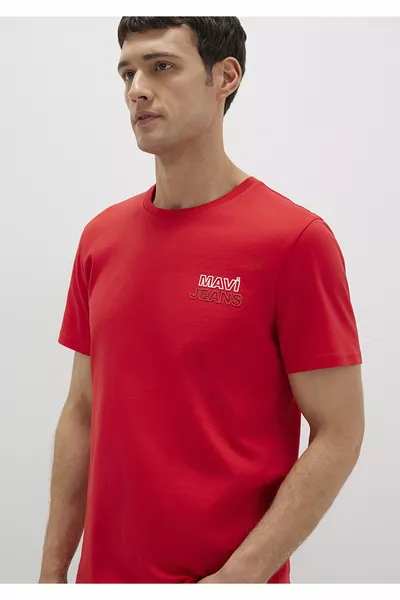 Rode T-shirt met Jeansprint Slim Fit / Strakke Pasvorm 