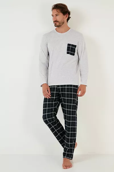 منقوشة جيب مرونة الخصر  ٪ القطن العادية تناسب بيجامة مجموعة الرجال بيجامة مجموعة 