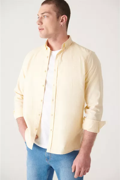 Chemise Oxford Homme Jaune Clair % Coton Col Boutonné Coupe Regular 