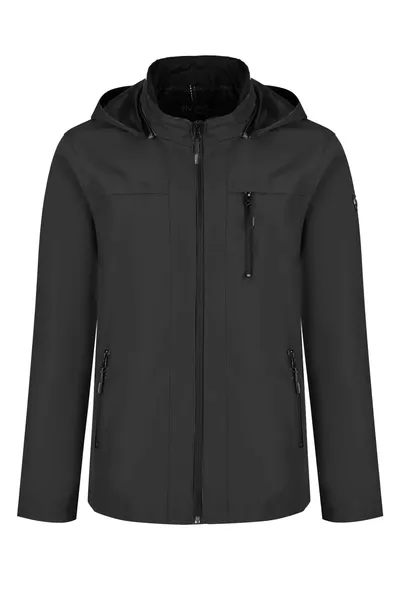 جاكيت رجالي أسود % مقاوم للماء والرياح، مبطن بالفرو، بسحاب وجيوب داخلية، من قماش غو-تكس سوفتشل