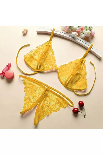 Damen-Set aus Spitzen-BH und Slip in Senffarbe