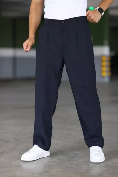 Baggy Double-Pleated NAVY Color Elastic Waist High-Quality Comfortable Fit Classic Wide-Leg Baggy Pants