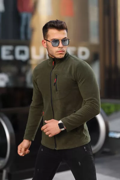 Pile da uomo in softshell verde scuro, standard, quotidiano, con zip completa, comodo, con 3 tasche, pile da uomo da esterno