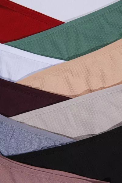 Women's % Cotton 6-Pack High-Waist Ribbed Panties in Burgundy, Stone, Black, White, Plum, and Taupe