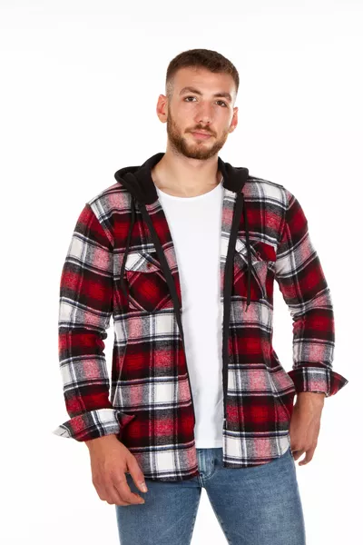 Червена мъжка/женска риза с качулка и цип, тип дървач, голям размер