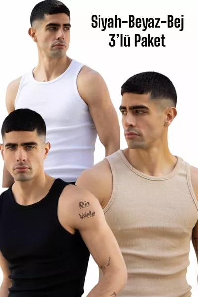 باقة من 3 قمصان رياضية رجالية بلا أكمام برقبة هالتر بكرة ليكرا، ألوانها أسود-أبيض-بيج
