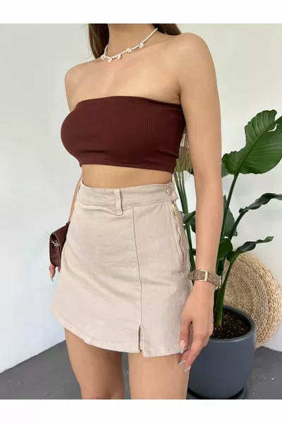 Women's Denim Back Double Pocket Mini Shorts Skirt Beige