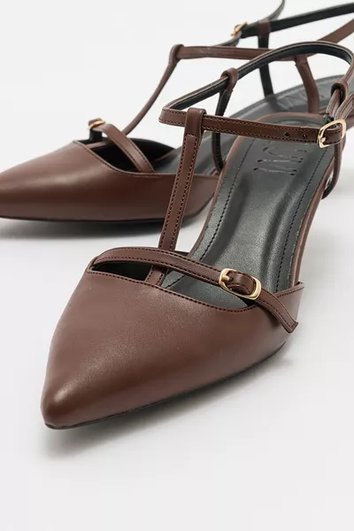 FRANS براون الجلد المرأة وأشار اصبع القدم مفتوحة الظهر كعب قصير