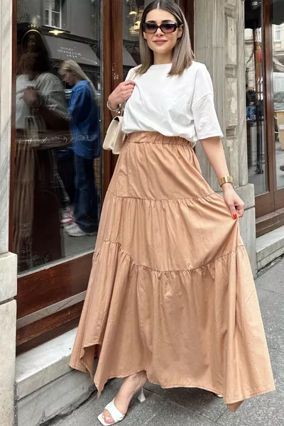 Beige asymmetrische snit voor dames, elastische taille, plooistof met ruches, lange katoenen rok