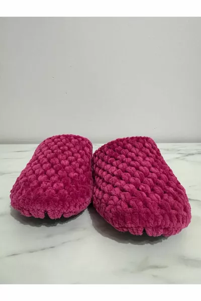 Hand gebreide fluwelen touw fuchsia huispantoffels