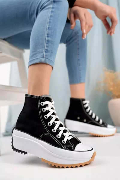 Dikke zool Lange Zwart Linnen Dames Sneakers