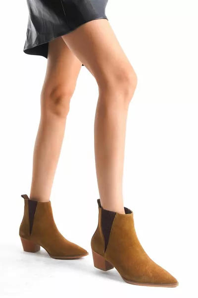 المرأة مدبب اصبع القدم الحذاء سميكة الكعب الجانب المطاطي من جلد الغزال أحذية قصيرة