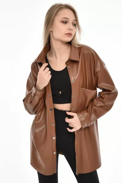 Tan Oversize Pocket Detailed Leather Shirt
