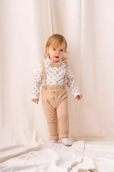 Wooden button-down bow tie baby boy slopet set